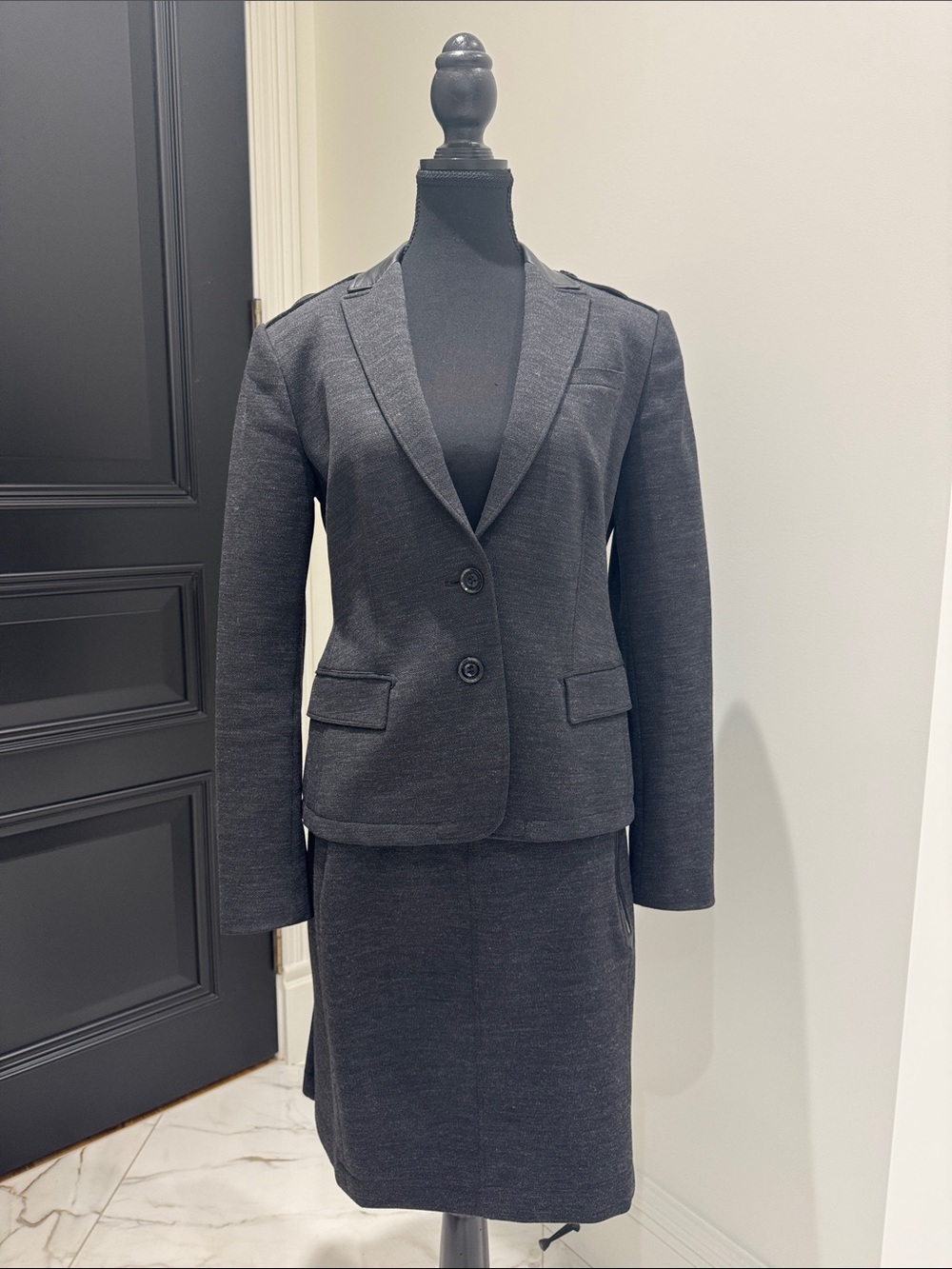 Burberry Dark Gray Wool Suit with leather accent